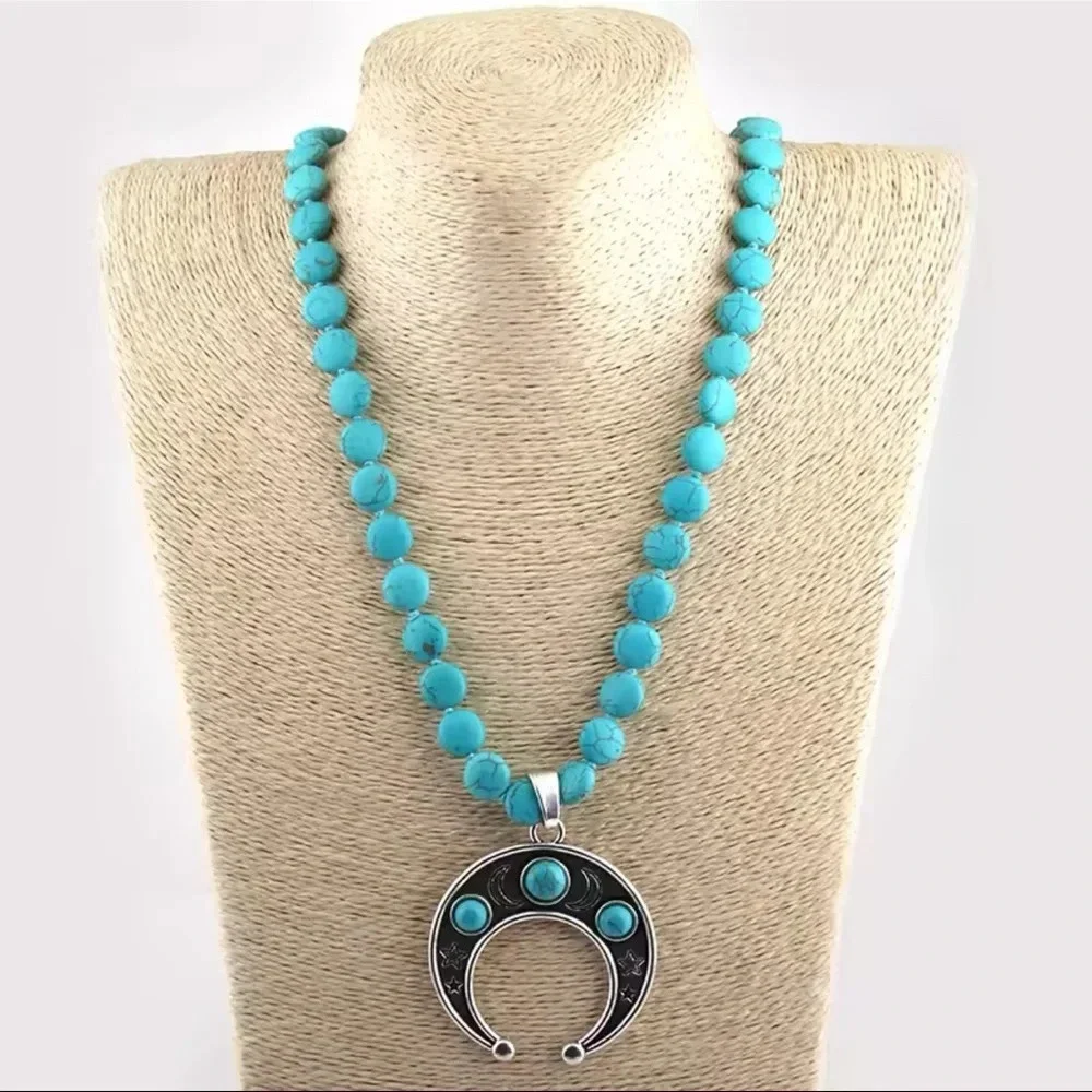 Turquoise Moon Natural Stone Beads Bohemian Western Necklace